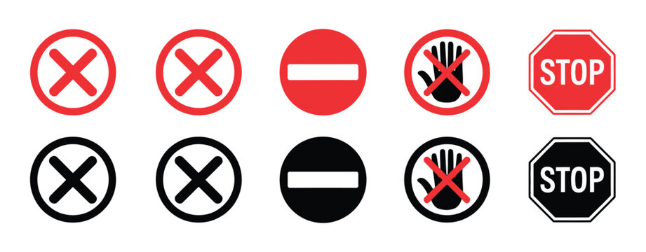 Prohibition and Stop Signs for Design Use Featuring Multiple Warning Symbols, Safety Indicators, Traffic Control Icons, and Regulatory Signage Elements