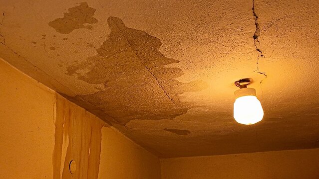Damaged ceiling with water stains and cracks, illuminated by a single light bulb. A close-up view of a neglected ceiling showing significant water damage, mold growth, and structural cracks.