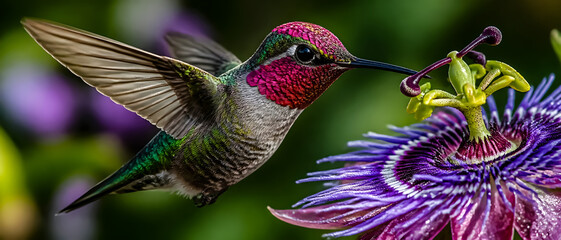Obraz premium Ruby-throated hummingbird hovering beside a vibrant passion flower, captured in stunning macro detail with iridescent feathers, sharp focus, and a colorful natural garden background.