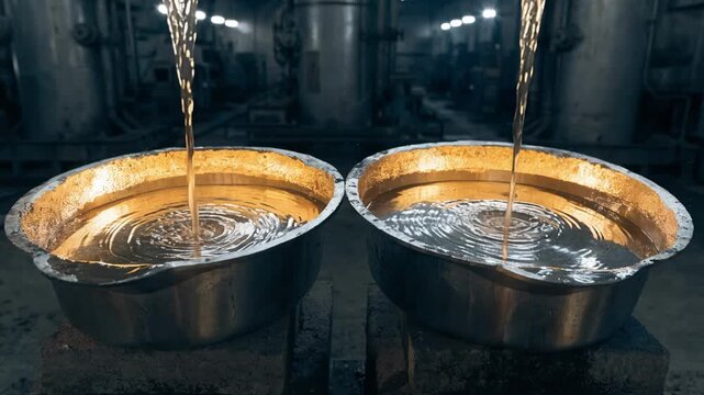 Medium shot of liquid aluminum cast into deep skillet molds emphasizing high walls perfect for versatile cooking with consistent heat flow
