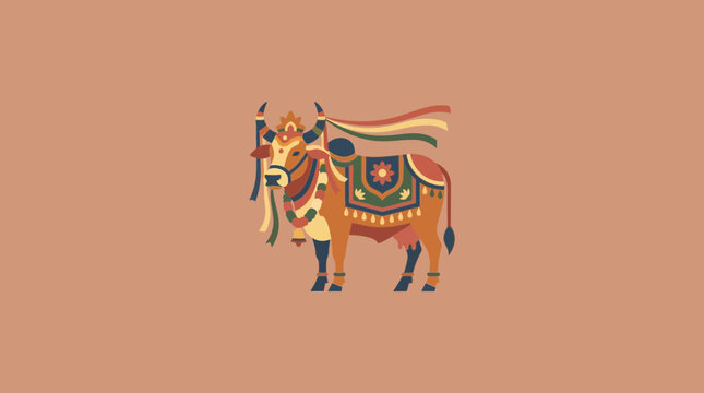 Decorated Indian Cow Illustration in Traditional Folk Art Style