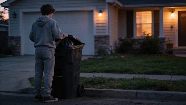 Child taking out household trash beside residential home demonstrating responsibility daily chore waste disposal routine neighborhood living garbage collection day young person carrying black trash 