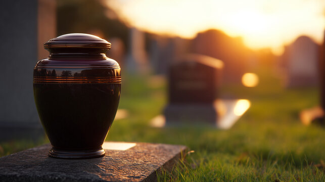 Dark cremation urn on cemetery stone at golden sunset, realistic memorial tribute, peaceful remembrance, blurred headstones, green grass, sympathy, condolence and respectful farewe
