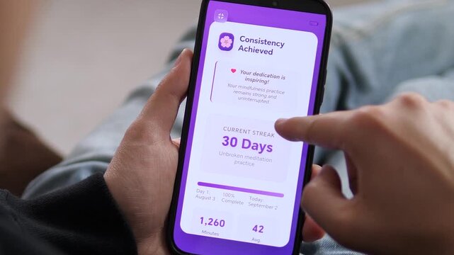 a user reviewing their mindfulness progress on a mobile device. The interface shows a completion timeline from August 3 to September 2. Ideal for illustrating personal growth, dedication, and positive