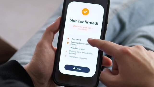 Successful delivery shift confirmation on a mobile app. Professional UI showcasing Slot Confirmed for an e-bike courier. Perfect for gig economy, logistics tech, and modern recruitment videos. High