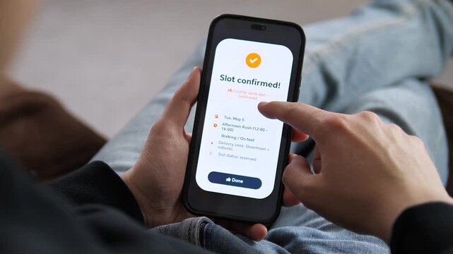 Manage work with ease. A person secures a delivery shift while relaxing. Features walking courier options and downtown zones. Great for gig economy documentaries and e-commerce logistics ads