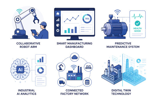 Industrial automation, smart manufacturing icons, technology symbols, robotic arm, AI analytics