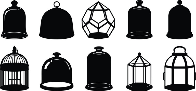 Collection of silhouette illustrations of various decorative bell jars and bird cages