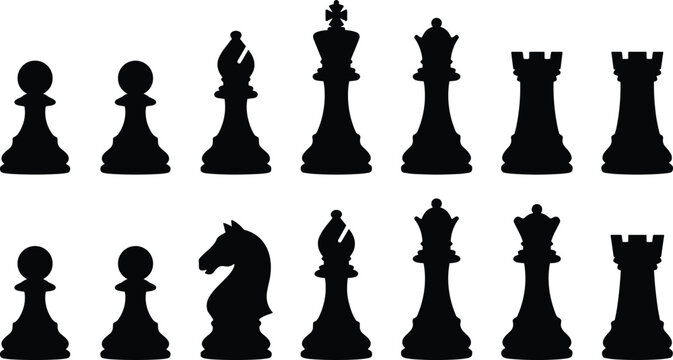 Silhouette chess pieces set on white background, classic strategy game symbols for board game enthusiasts and competition