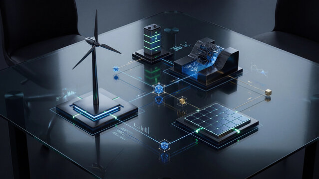 Conceptual 3D model of a clean energy system connecting wind turbine solar panel battery and generator with glowing network lines showing smart renewable power management technology