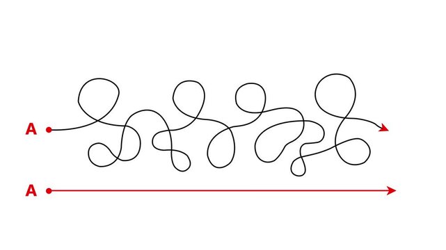 Complex and easy way from point A to B hand drawn doodle scribble chaos path lines, simple solution direction concept