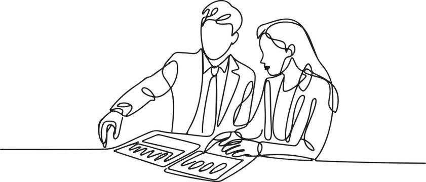 Single continuous line drawing of young couple male and female employees discussing new strategy plan to write annual report. Urban commuter workers. One line icon vector illustration