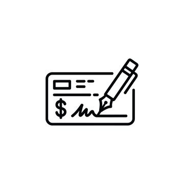 Black line icon of a pen signing a check on a light blue background