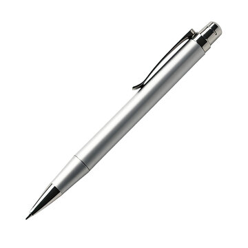 A silver pen with a black tip sitting on a white background