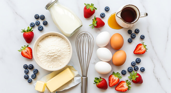 Baking Ingredients Flat Lay: Flour, Eggs, Berries, Butter, Milk, and Whisk on Marble