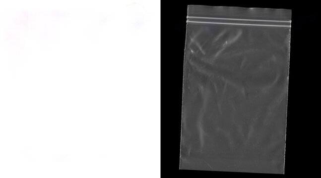 Transparent plastic zipper bag on black background, empty polyethylene zip lock pouch with texture, clear synthetic storage bag for packaging
