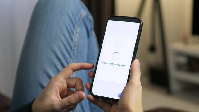 Secure digital money conversion sequence. Tapping exchange button, loading screen, and successful completion notification. Professional mobile interface design for international finance and banking
