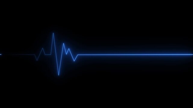 Blue Neon ECG Pulse Line Animation Background with Long Flat Heartbeat Signal Motion Graphics for Digital Medical Monitor, Cardiology Screen and Healthcare Technology
