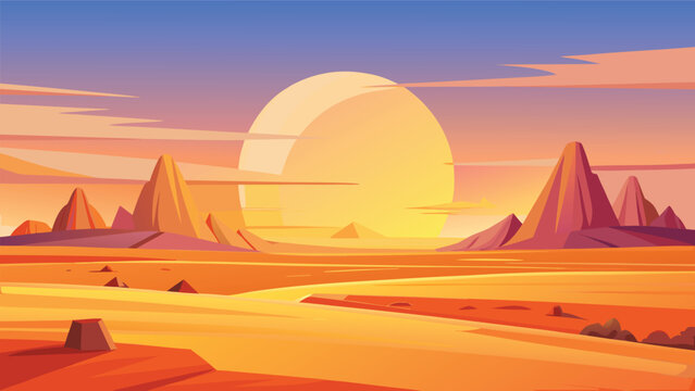 Beautiful desert landscape with large golden sun setting behind rocky mountains in a peaceful orange sky Vector