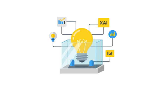 Explainable AI (XAI) Concept Illustration with Lightbulb in Transparent Box and Data Analytics Icons