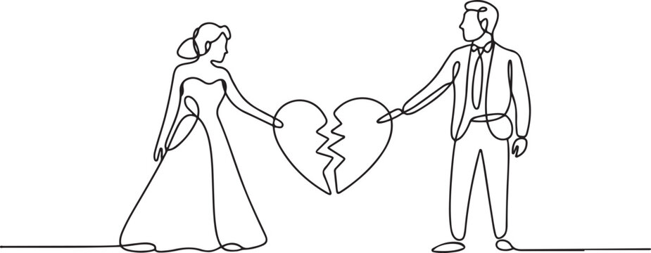 divorced married couple are angry, frustration. Relationship break up, broken heart, couple facing opposite direction with wedding dress. One line icon vector illustration