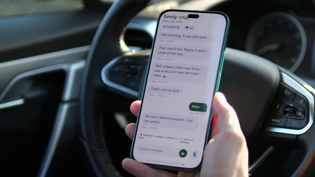 Browsing a family group chat on a smartphone. The screen displays messages between Mom, Dad, and Sister about everyday topics. Perfect for family communication apps, social messaging, and casual