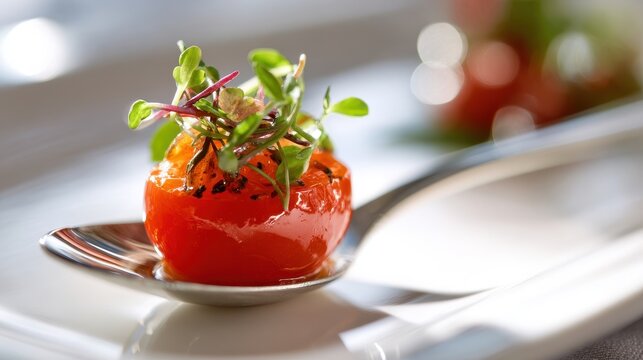 Miniature tomato amuse bouche with herb cream, glaze, and delicate garnish