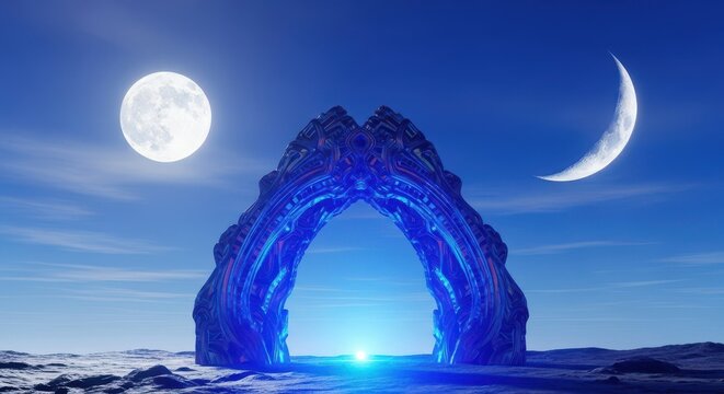 A dramatic, digitally rendered view of a monumental alien structure radiating blue light under a twin-moon sky, cinematic, abstract, neon