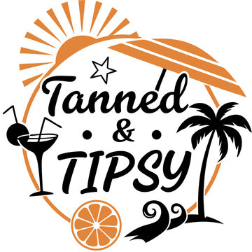 Tanned and tipsy logo with orange sun palm tree cocktail