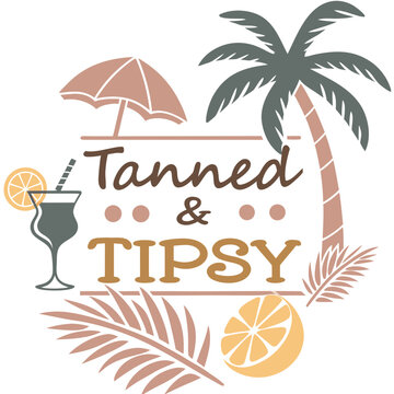 Tanned and tipsy logo with palm tree umbrella cocktail