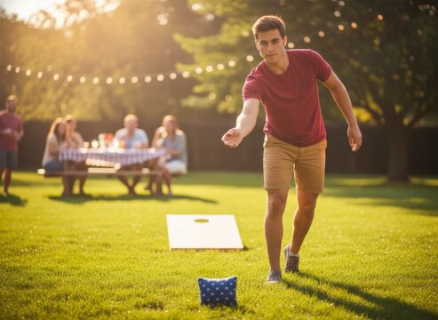 Outdoor Summer Party with Friends Playing Cornhole Game in a Sunny Backyard