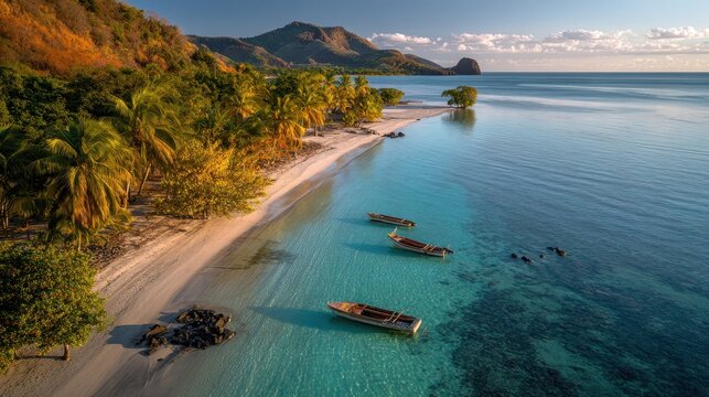 Turquoise lagoon, palm-fringed beach and clear waters of Mayotte at golden hour