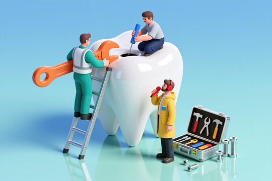 Three men in work attire repair a large tooth with various tools, one on a ladder, another sitting on the tooth, and the third standing nearby with headphones.