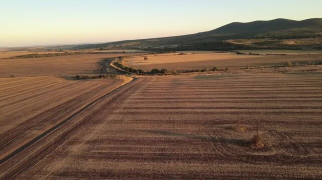 Aerial 4K view of harvested wheat field and rural landscape near Zlatari village, Yambol region, Bulgaria