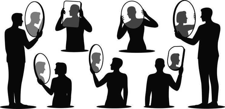 Human silhouettes holding mirrors with opposite gender reflections concept illustration set for identity and self perception themes