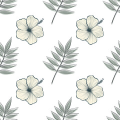 Obraz premium A tropical botanical seamless pattern, Tropical flowers and leaves in soft nude and retro tones, White flowers and green leaves