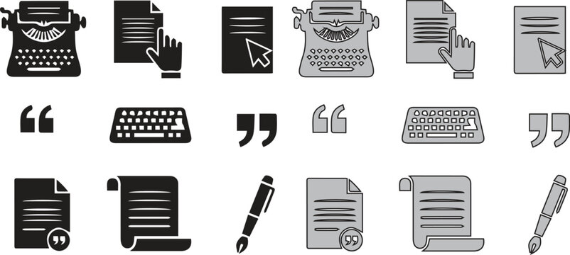 Black and gray writing and editing icons set with typewriters documents and keyboards
