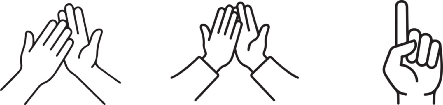 Simple line art illustration of three different hand gestures including clapping hands and a pointing finger on a white background