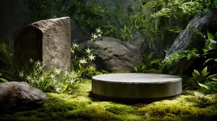 Fototapeta premium Round Stone Podium Platform on a Mossy Forest Floor with Small White Flowers and Dappled Sunlight