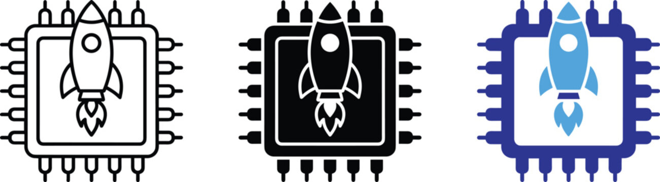 Computer processor chip and fast rocket launch startup vector icons illustration.