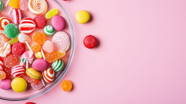 Overhead shot A clear bowl overflows with colorful lollipops, jelly candies and macarons on a pink backdrop, with scattered sweets and copy space. Joyful sugar