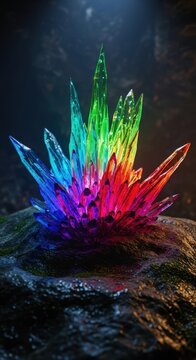 A bizarre and glowing natural sculpture formed by sharp, multicolored crystal spikes erupting from damp cavern rock surfaces, stone, abstract, vibrant