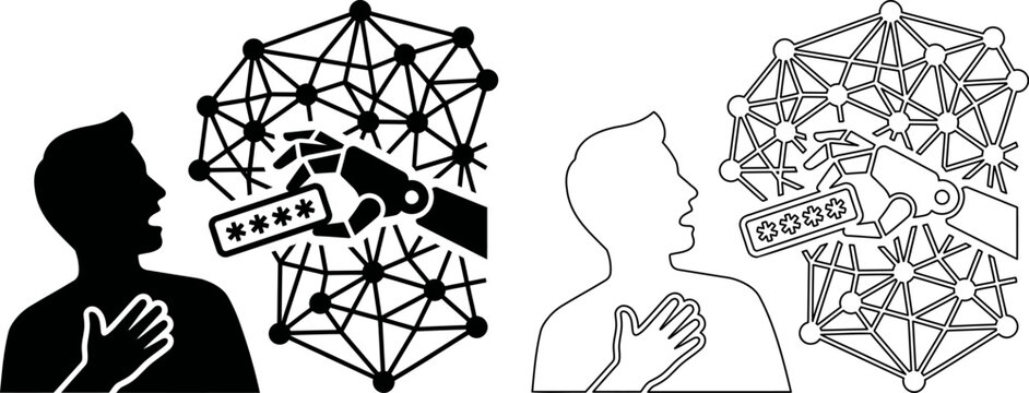 AI password theft icon, social engineering credential harvest and robot hand phishing vector illustration