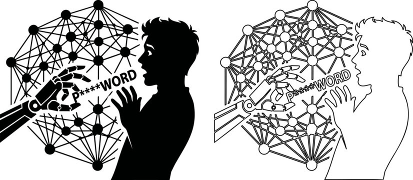 Automated credential theft icon, AI driven social engineering and password interception vector art