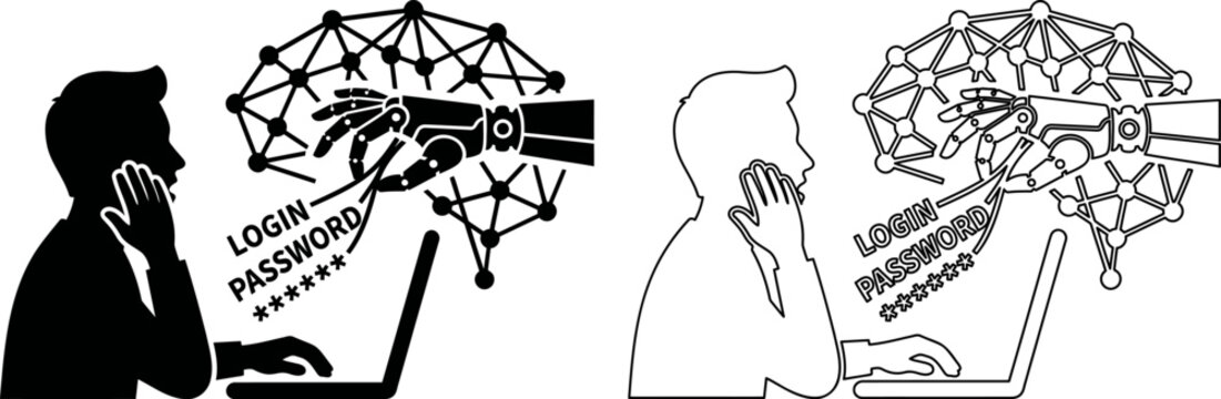 Laptop login fraud icon, AI social engineering network and user credential theft vector illustration