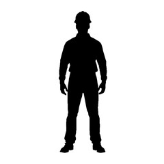 Construction worker stands in a front view silhouette wearing a protective hard hat and uniform. © RanaMuhammad