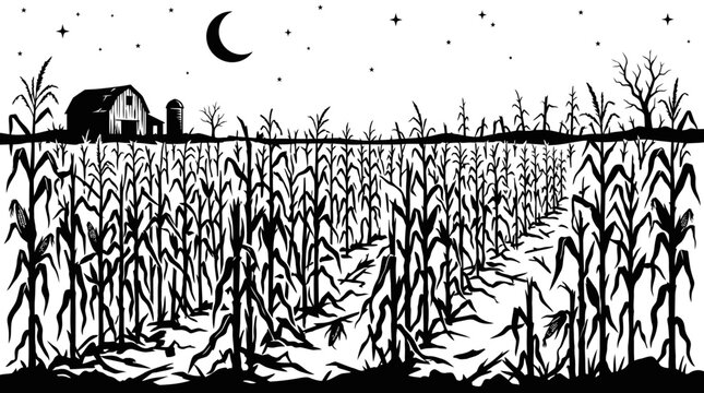 Black and white corn field illustration.