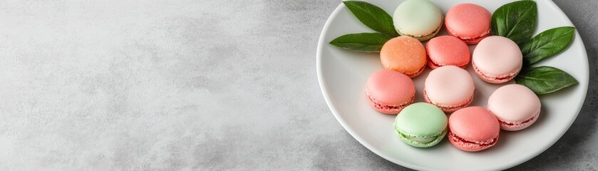 Fototapeta premium Pastel Macarons and Green Leaves on White Plate. Grey Textured Backdrop, Ample Copy Space. Elegant French Dessert., French Pastry, Sweet Treat