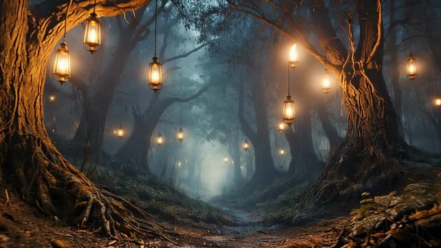 Enchanted forest pathway with glowing lanterns hanging from ancient trees in magical night mist