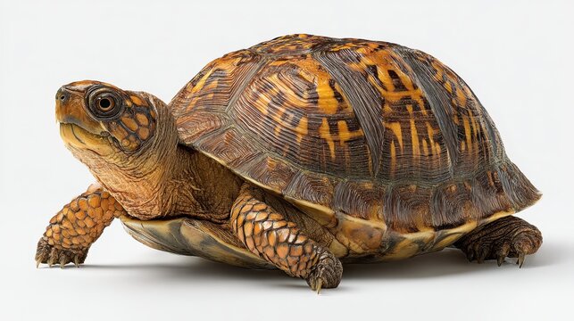 Studio shot of a terrestrial box turtle, calm pose, crisp details on carapace and eyes